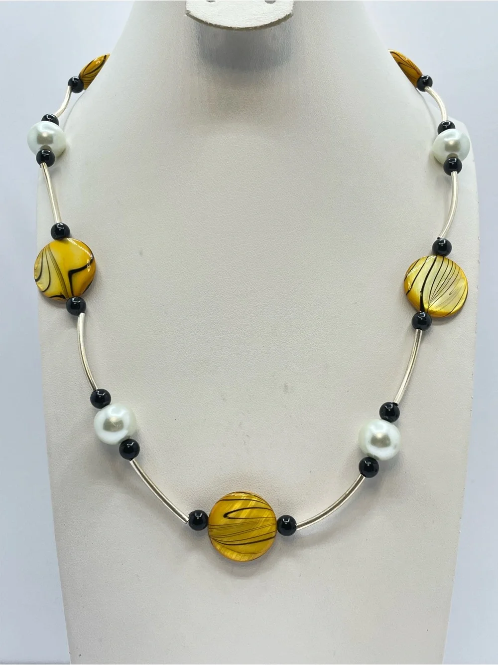 Silver Tone Beaded Necklace MOP Disc Faux Pearl Black Bead Toggle Boho
